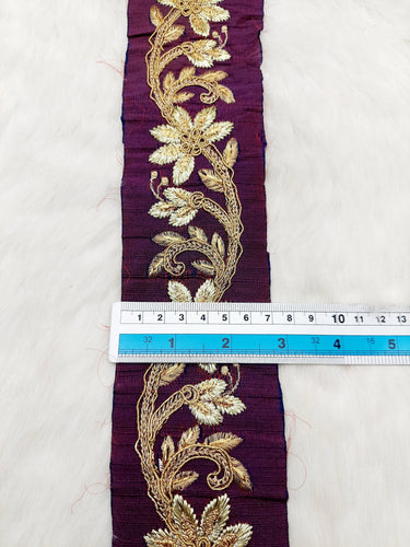 Wine Red Art Silk Fabric Trim With Gold Zari Embroidery, Floral Embroider Trimming, Trim By The Yard